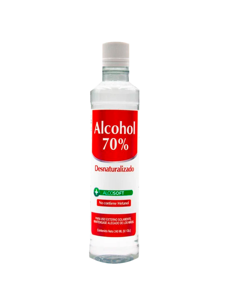 Alcohol Desnaturalizado 70%  ALCOSOFT Botella con Tapa Rosca 48 x 8 oz 240 mL 